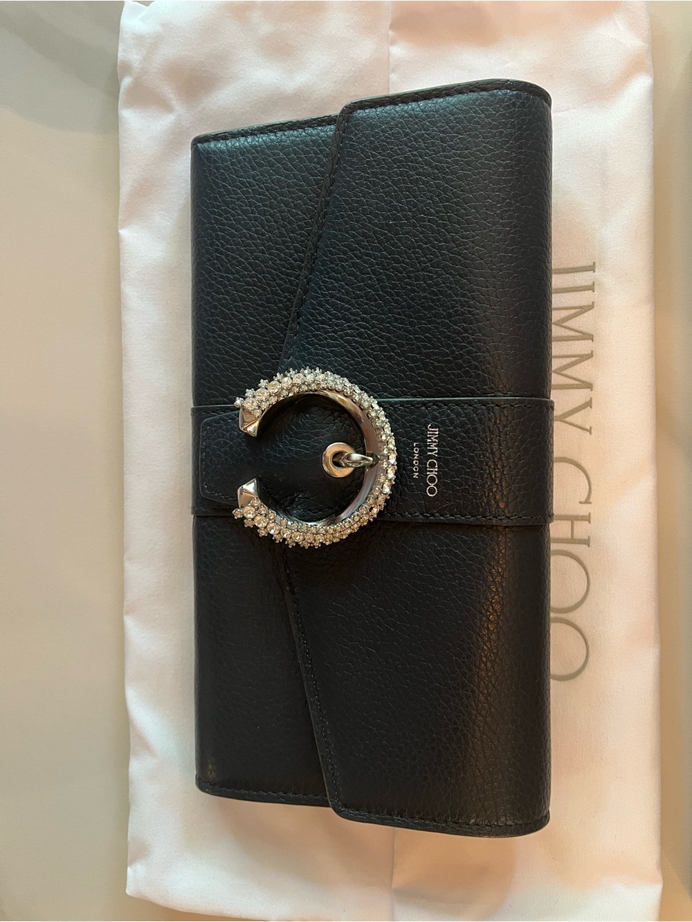 Jimmy Choo Black Leather Clutch with Crystal Horseshoe Accent